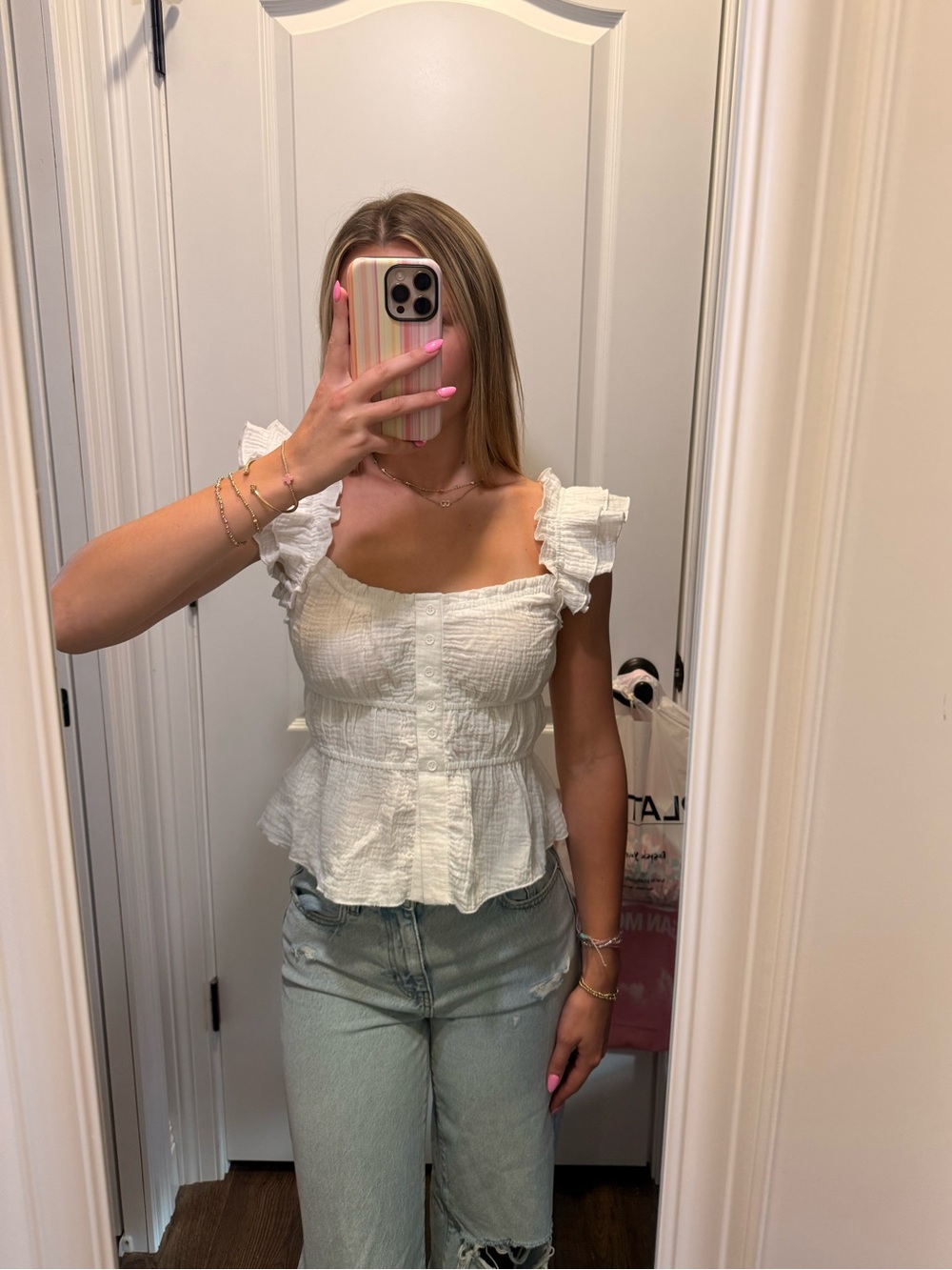 Steve Madden Cream Ruffled Button-Front Peplum Top - Picture 3 of 4